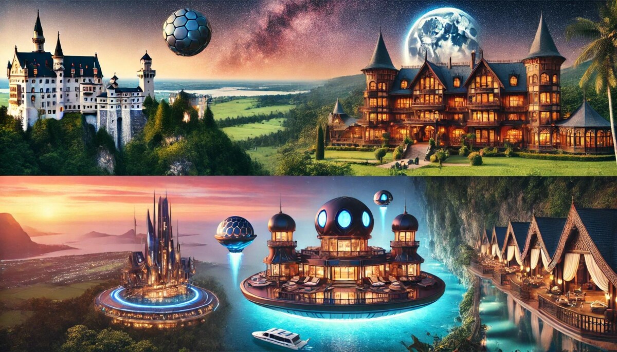 A luxurious and immersive scene featuring a medieval castle surrounded by lush greenery, a futuristic space-themed hotel with vibrant lights, and a floating palace on serene waters at sunset, capturing the essence of themed luxury stays.